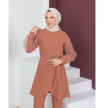 Modefa Modest Clothing Set Modest Muslim Women’s Classy Embellished Tunic with Tapered Pant Set - 9283 Cinnamon