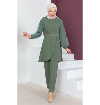 Modefa Modest Clothing Set Modest Muslim Women’s Classy Embellished Tunic with Tapered Pant Set - 9283 Leafy Green