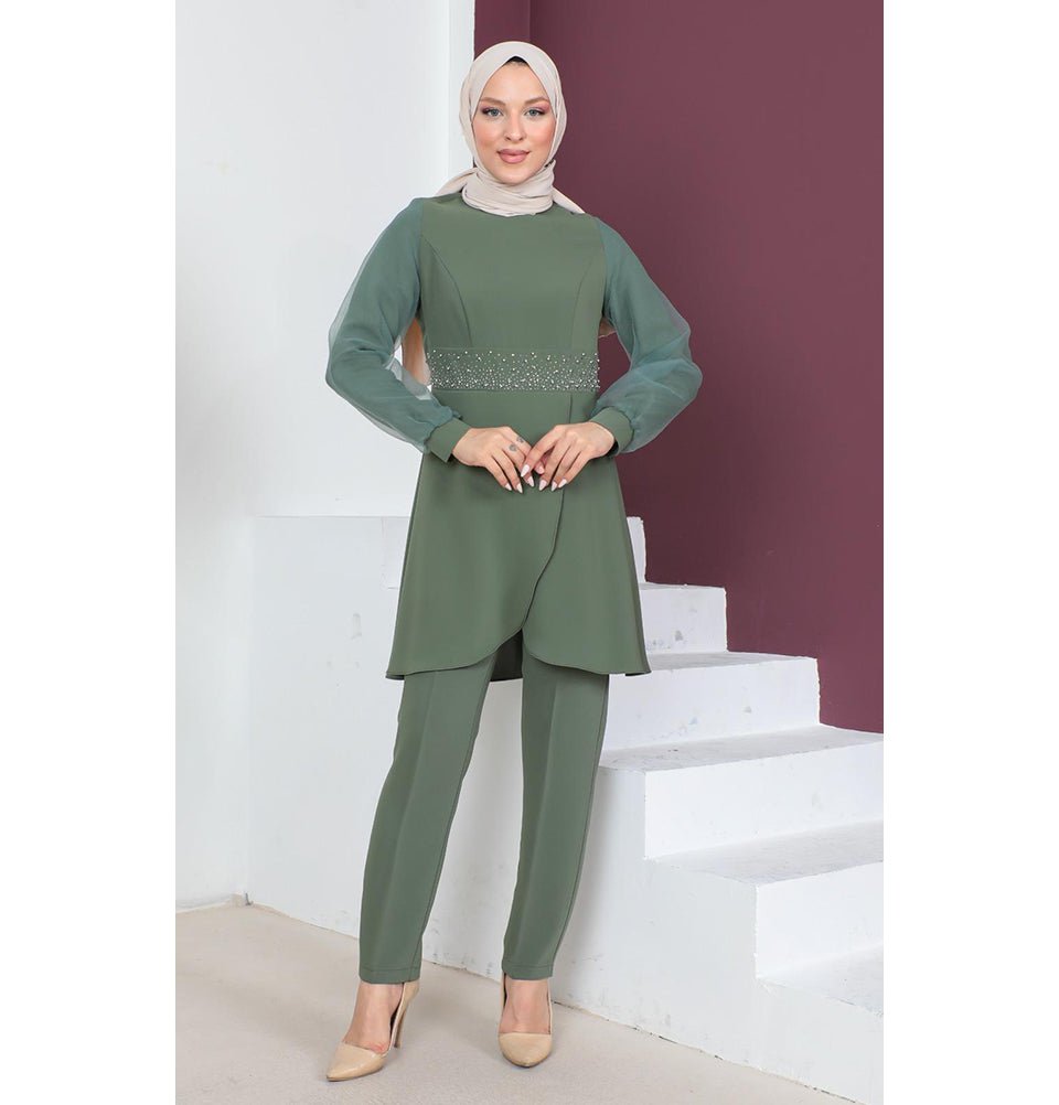 Modefa Modest Clothing Set Modest Muslim Women’s Classy Embellished Tunic with Tapered Pant Set - 9283 Leafy Green