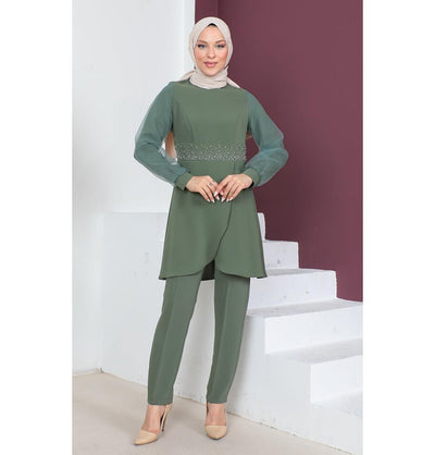 Modefa Modest Clothing Set Modest Muslim Women’s Classy Embellished Tunic with Tapered Pant Set - 9283 Leafy Green