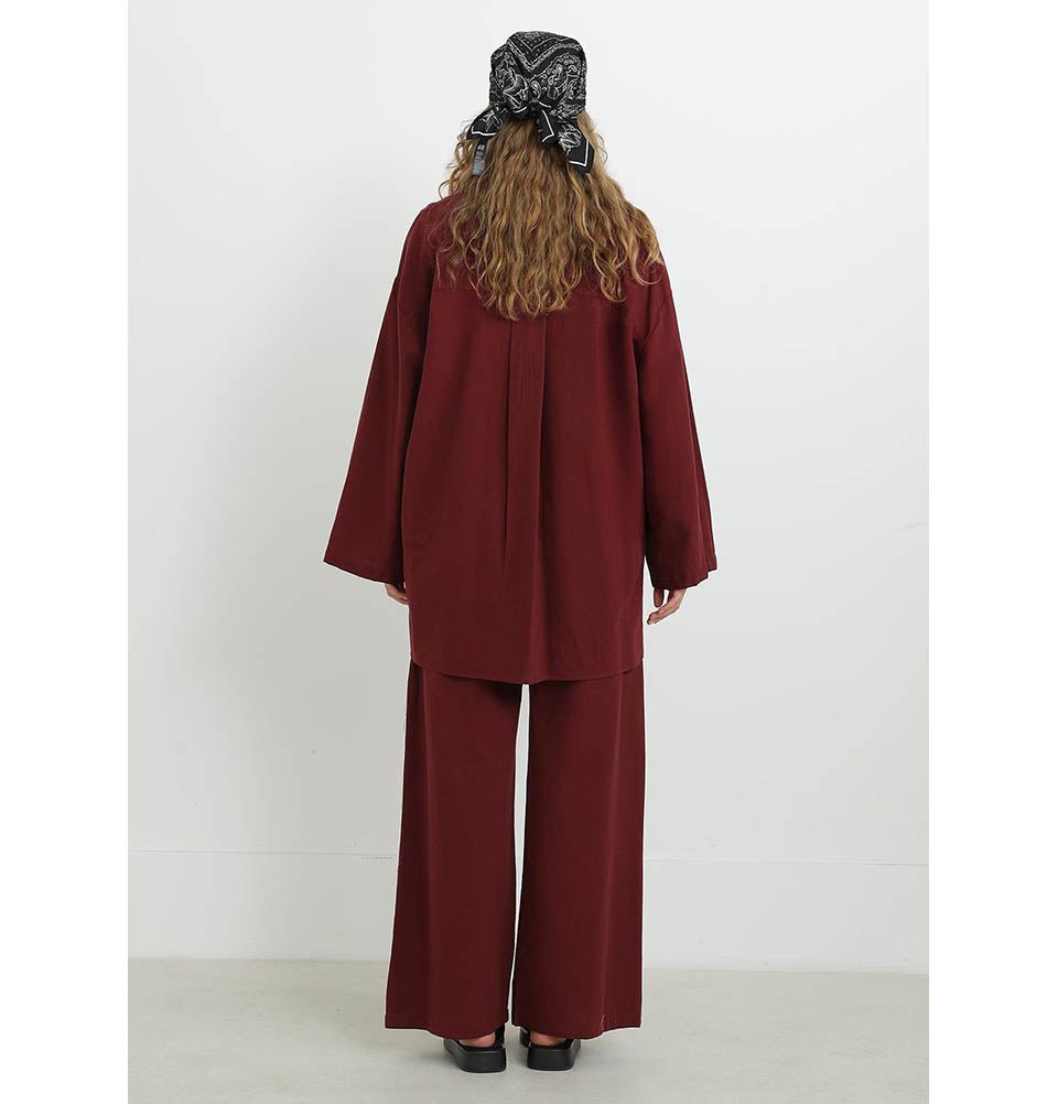 Modefa Modest Clothing Set Modest Muslim Women's Cotton Two Piece Tunic Set - 20694 Burgundy Red