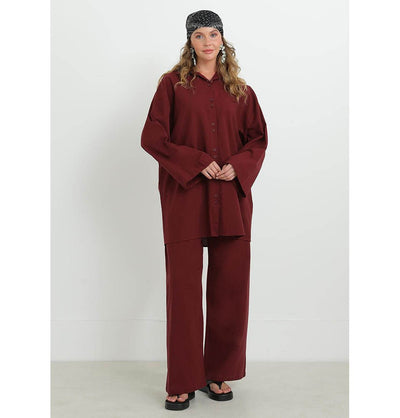 Modefa Modest Clothing Set Modest Muslim Women's Cotton Two Piece Tunic Set - 20694 Burgundy Red