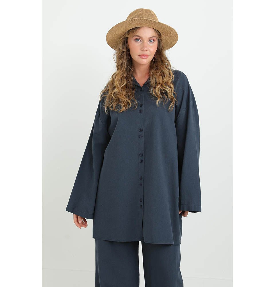 Modefa Modest Clothing Set Modest Muslim Women's Cotton Two Piece Tunic Set - 20694 Navy Blue