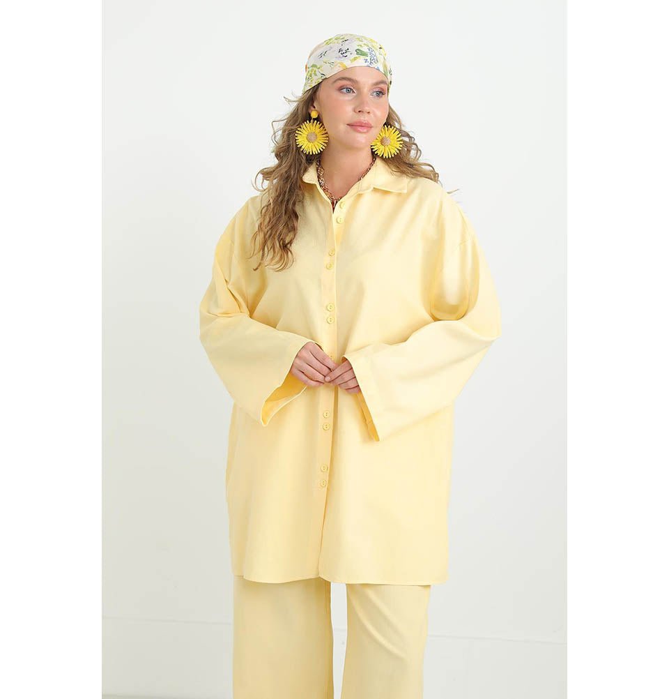 Modefa Modest Clothing Set Modest Muslim Women's Cotton Two Piece Tunic Set - 20694 Yellow