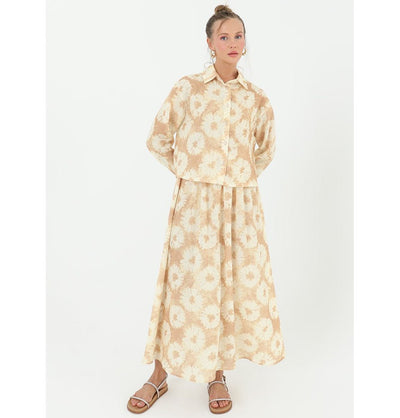 Modefa Modest Clothing Set Modest Muslim Women's Floral Batik Skirt with Tunic - 14239 Camel