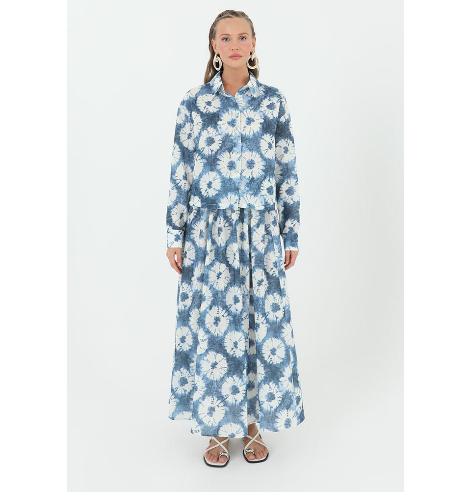 Modefa Modest Clothing Set Modest Muslim Women's Floral Batik Skirt with Tunic 14239 - Denim
