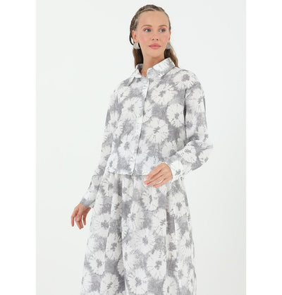 Modefa Modest Clothing Set Modest Muslim Women's Floral Batik Skirt with Tunic 14239 - Stone Gray