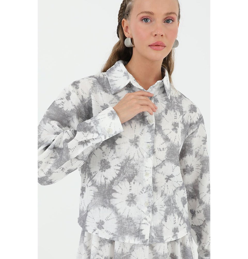 Modefa Modest Clothing Set Modest Muslim Women's Floral Batik Skirt with Tunic 14239 - Stone Gray