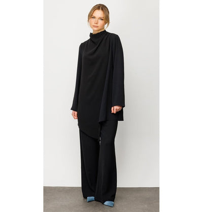 Modefa Modest Clothing Set Modest Muslim Women’s Pleated Turtle Neck Tunic with Pants - 241806 Black