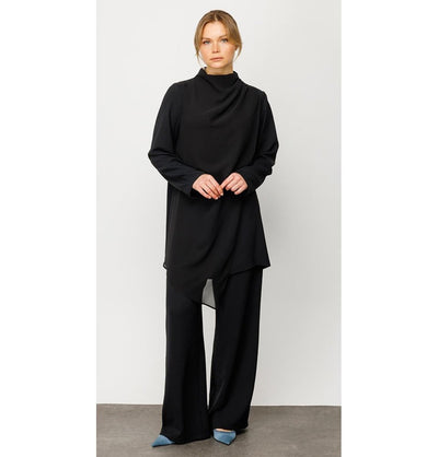 Modefa Modest Clothing Set Modest Muslim Women’s Pleated Turtle Neck Tunic with Pants - 241806 Black