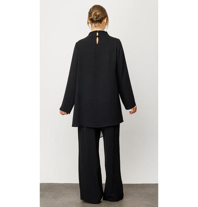 Modefa Modest Clothing Set Modest Muslim Women’s Pleated Turtle Neck Tunic with Pants - 241806 Black