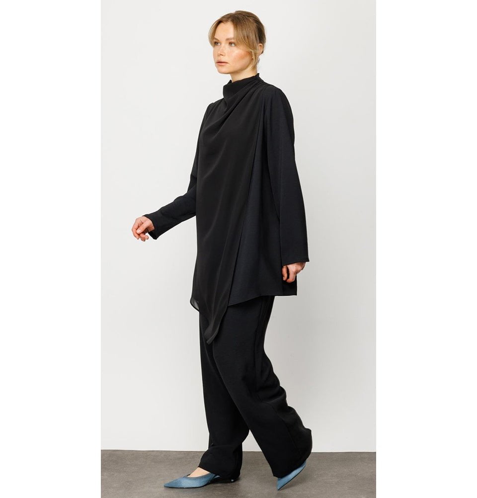 Modefa Modest Clothing Set Modest Muslim Women’s Pleated Turtle Neck Tunic with Pants - 241806 Black