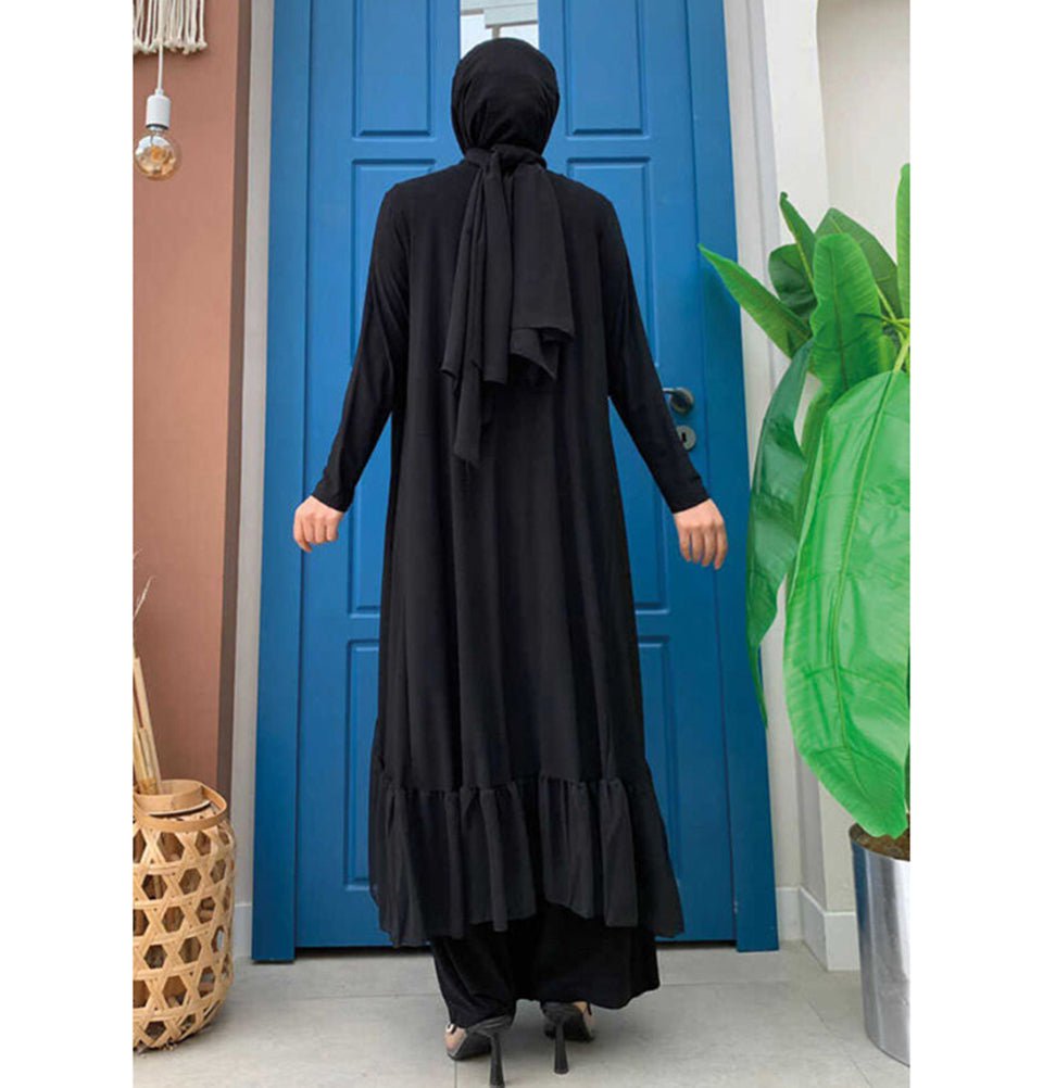 Modest Muslim Women's Three Piece Set with Pants & Ruffle Cardigan - B