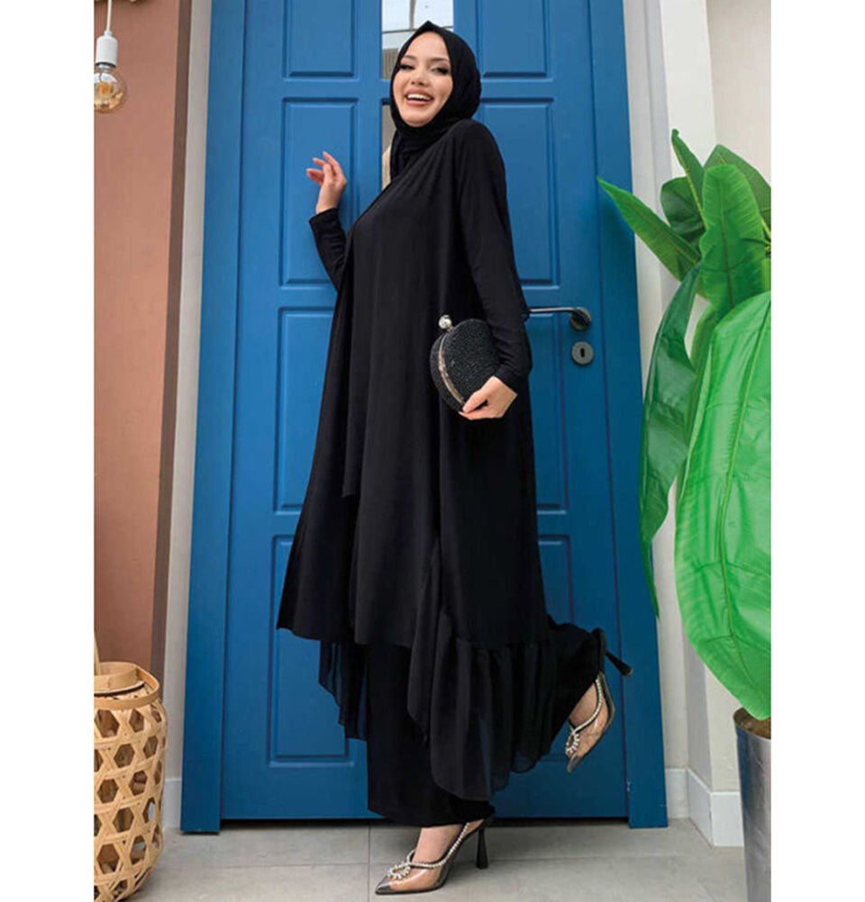 Modest Muslim Women's Three Piece Set with Pants & Ruffle Cardigan Modest Muslim Women's Three Piece Set with Pants & Ruffle Cardigan