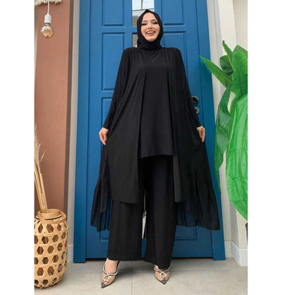 Modefa Modest Clothing Set Modest Muslim Women's Three Piece Set with Pants & Ruffle Cardigan - Black