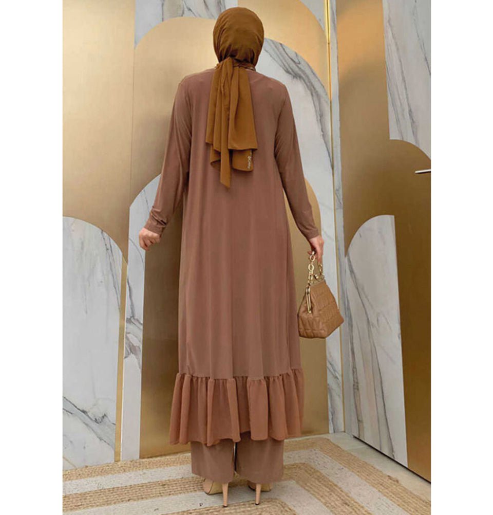 Modefa Modest Clothing Set Modest Muslim Women’s Three Piece Set with Pants & Ruffle Cardigan - Camel
