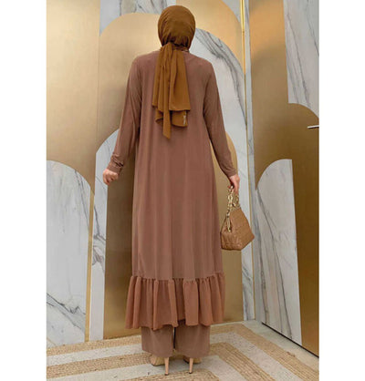 Modefa Modest Clothing Set Modest Muslim Women’s Three Piece Set with Pants & Ruffle Cardigan - Camel
