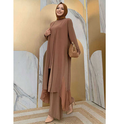 Modefa Modest Clothing Set Modest Muslim Women’s Three Piece Set with Pants & Ruffle Cardigan - Camel