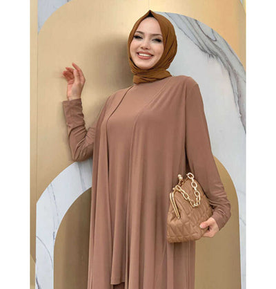 Modefa Modest Clothing Set Modest Muslim Women’s Three Piece Set with Pants & Ruffle Cardigan - Camel