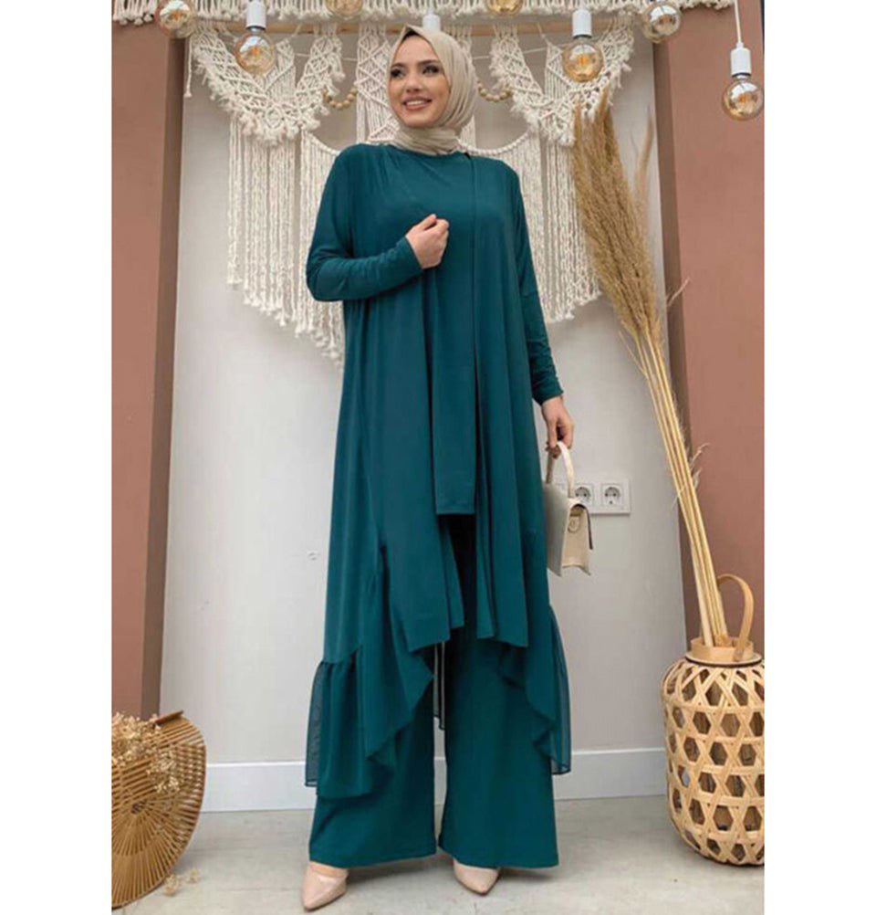Modest Muslim Women's Three Piece Set with Pants & Ruffle Cardigan