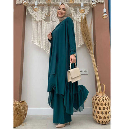 Modefa Modest Clothing Set Modest Muslim Women's Three Piece Set with Pants & Ruffle Cardigan - Emerald Green