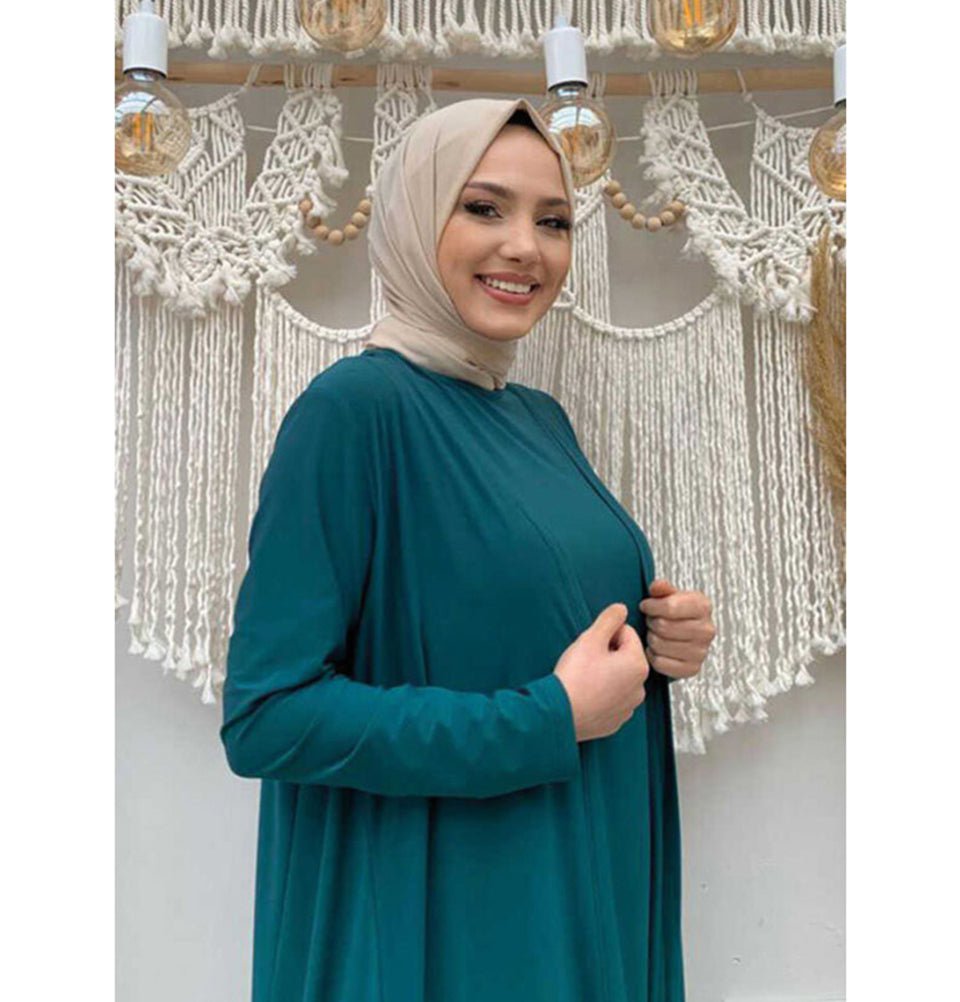 Modest Muslim Women's Three Piece Set with Pants & Ruffle Cardigan - E Modest Muslim Women's Three Piece Set with Pants & Ruffle Cardigan - E