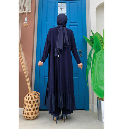 Modefa Modest Clothing Set Modest Muslim Women's Three Piece Set with Pants & Ruffle Cardigan - Navy Blue