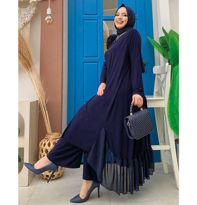 Modefa Modest Clothing Set Modest Muslim Women's Three Piece Set with Pants & Ruffle Cardigan - Navy Blue