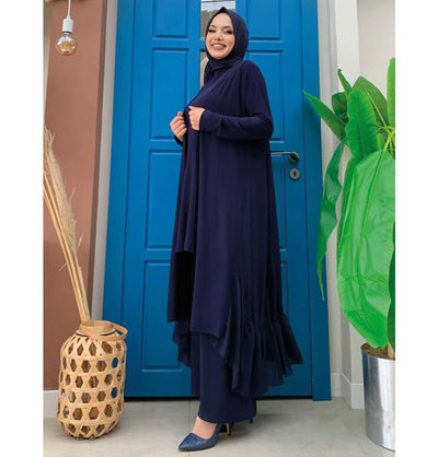 Modefa Modest Clothing Set Modest Muslim Women's Three Piece Set with Pants & Ruffle Cardigan - Navy Blue