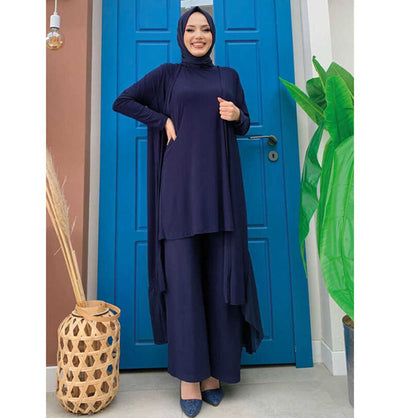 Modefa Modest Clothing Set Modest Muslim Women's Three Piece Set with Pants & Ruffle Cardigan - Navy Blue