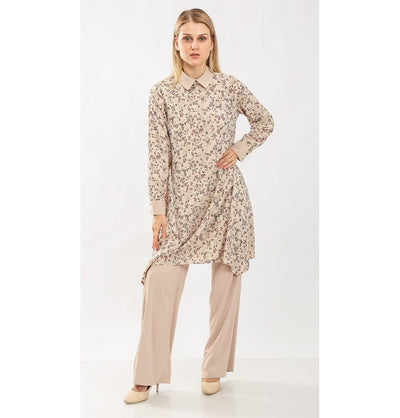 Modefa Modest Clothing Set Modest Muslim Women’s Vintage Ditsy Floral Tunic with Solid Pant Set - 9260 Beige
