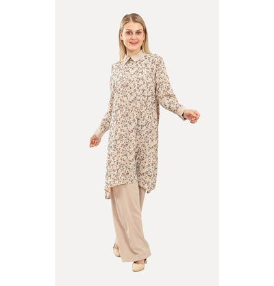Modefa Modest Clothing Set Modest Muslim Women’s Vintage Ditsy Floral Tunic with Solid Pant Set - 9260 Beige