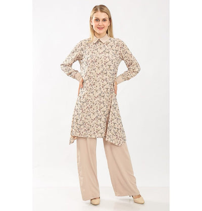 Modefa Modest Clothing Set Modest Muslim Women’s Vintage Ditsy Floral Tunic with Solid Pant Set - 9260 Beige