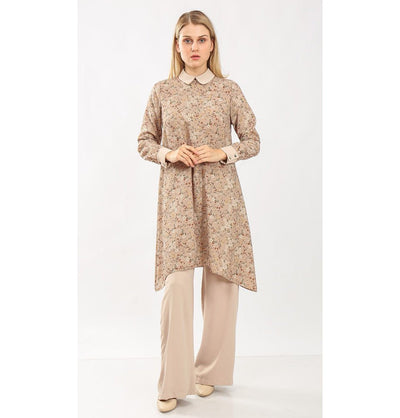 Modefa Modest Clothing Set Modest Muslim Women’s Vintage Ditsy Floral Tunic with Solid Pant Set - 9260 Latte Creme