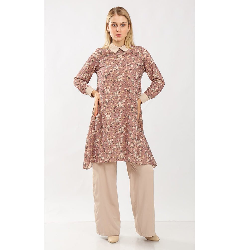Modefa Modest Clothing Set Modest Muslim Women’s Vintage Ditsy Floral Tunic with Solid Pant Set - 9260 Tea Rose