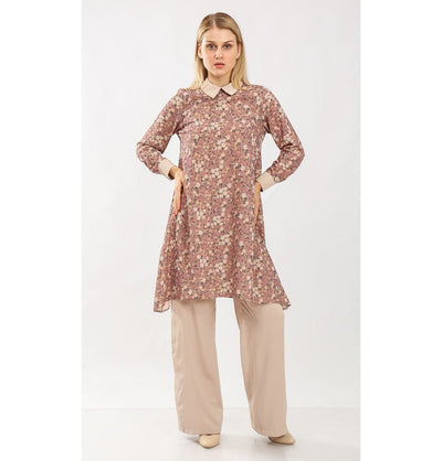 Modefa Modest Clothing Set Modest Muslim Women’s Vintage Ditsy Floral Tunic with Solid Pant Set - 9260 Tea Rose