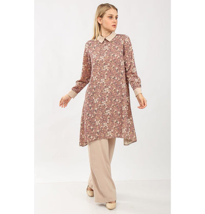 Modefa Modest Clothing Set Modest Muslim Women’s Vintage Ditsy Floral Tunic with Solid Pant Set - 9260 Tea Rose