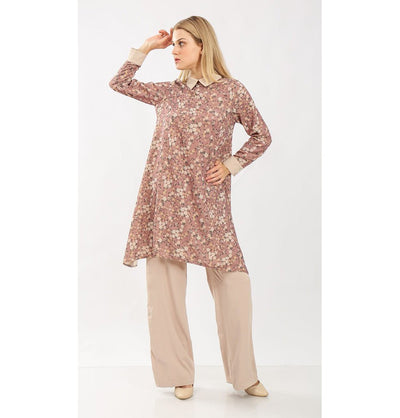 Modefa Modest Clothing Set Modest Muslim Women’s Vintage Ditsy Floral Tunic with Solid Pant Set - 9260 Tea Rose