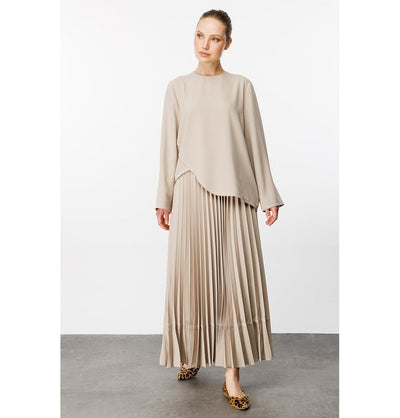 Modefa Modest Clothing Set Modest Women’s Criss Cross Top with Pleated Skirt - 241843 Beige