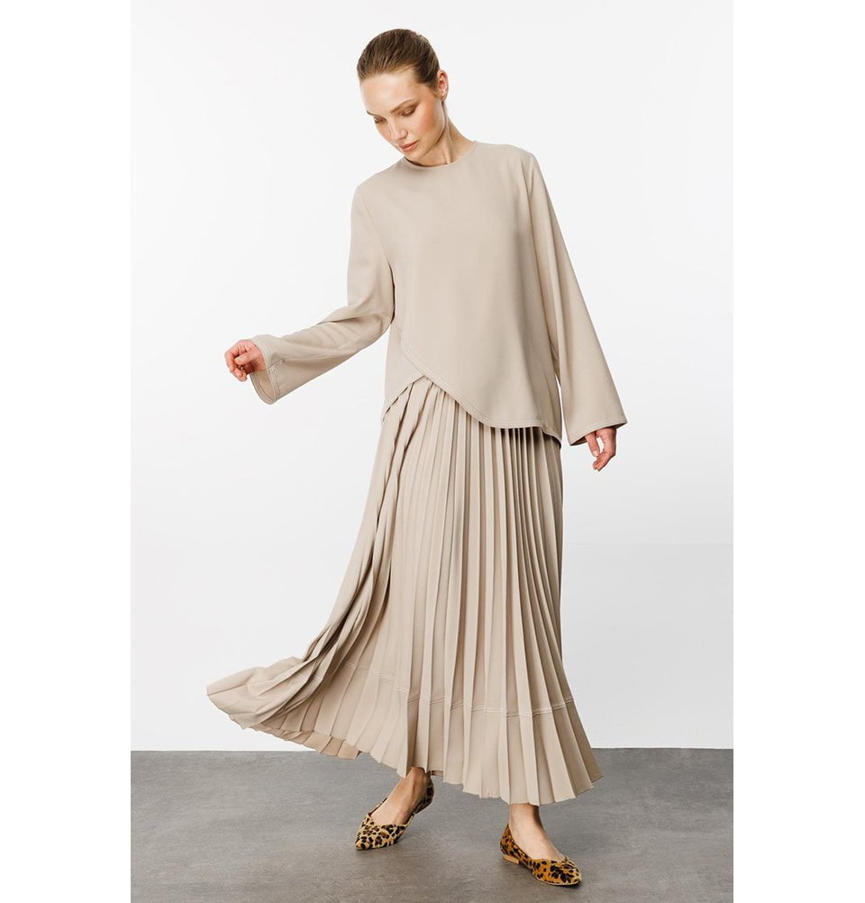 Modefa Modest Clothing Set Modest Women’s Criss Cross Top with Pleated Skirt - 241843 Beige