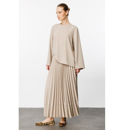 Modefa Modest Clothing Set Modest Women’s Criss Cross Top with Pleated Skirt - 241843 Beige