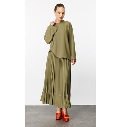 Modefa Modest Clothing Set Modest Women’s Criss Cross Top with Pleated Skirt - 241843 Olive Green