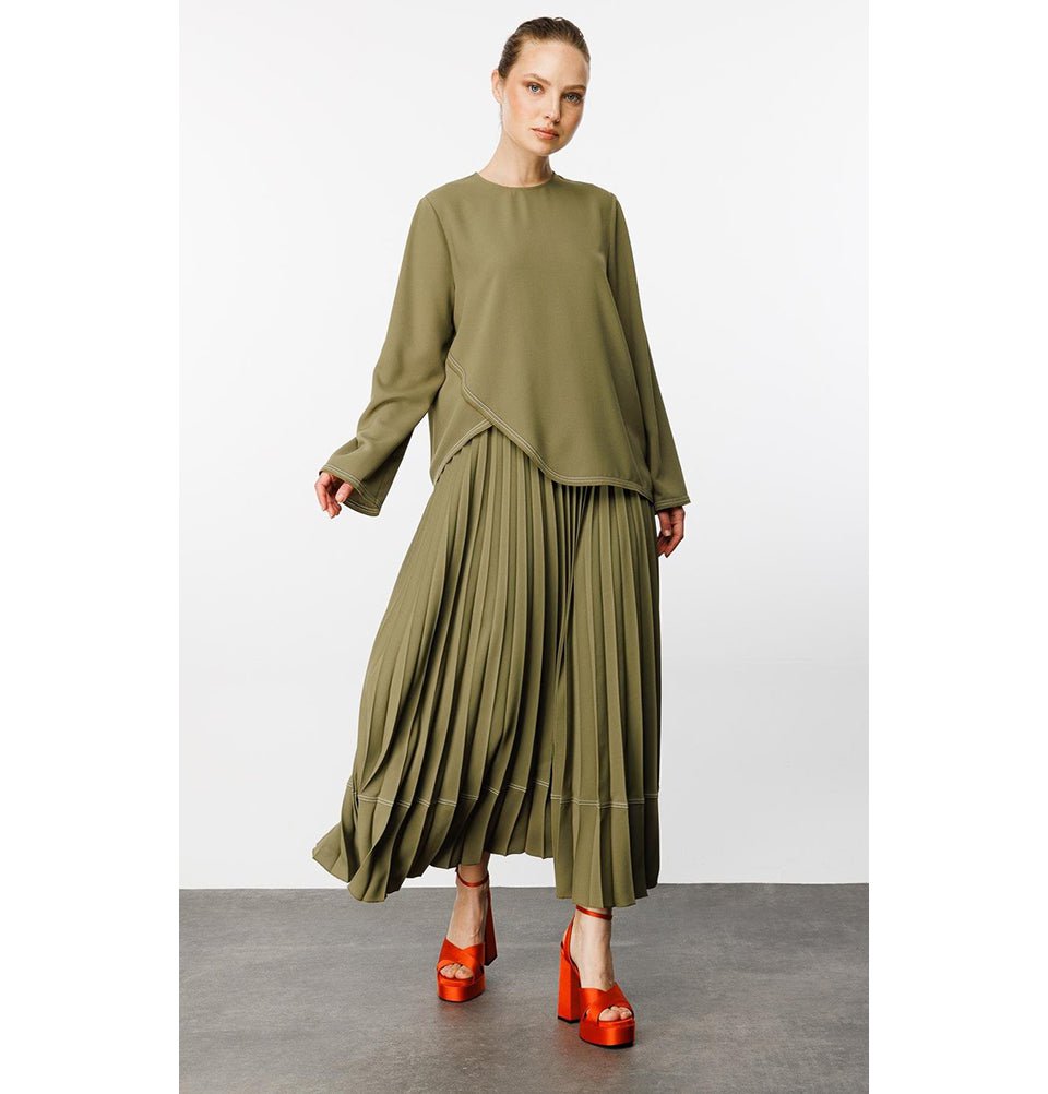 Modest Women s Criss Cross Top with Pleated Skirt 241843 Olive Green