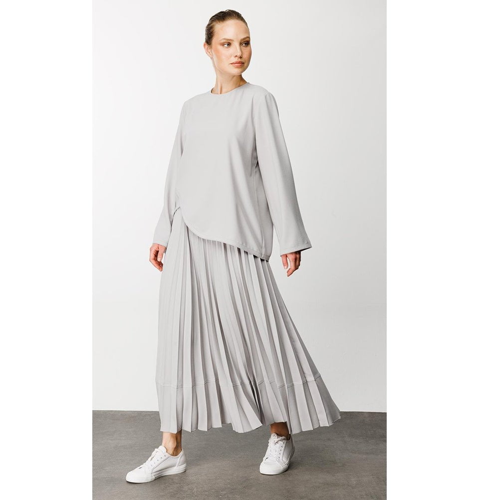 Modefa Modest Clothing Set Modest Women’s Criss Cross Top with Pleated Skirt - 241843 Stone Grey