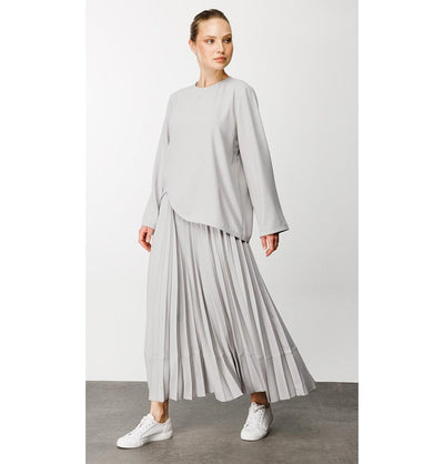 Modefa Modest Clothing Set Modest Women’s Criss Cross Top with Pleated Skirt - 241843 Stone Grey