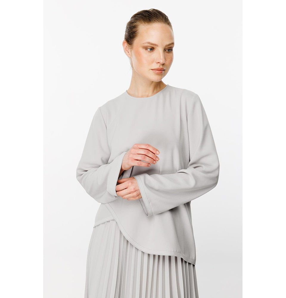 Modefa Modest Clothing Set Modest Women’s Criss Cross Top with Pleated Skirt - 241843 Stone Grey