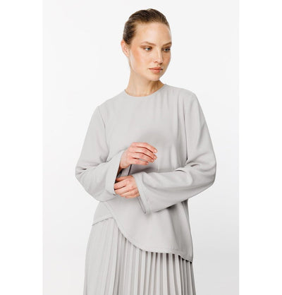 Modefa Modest Clothing Set Modest Women’s Criss Cross Top with Pleated Skirt - 241843 Stone Grey