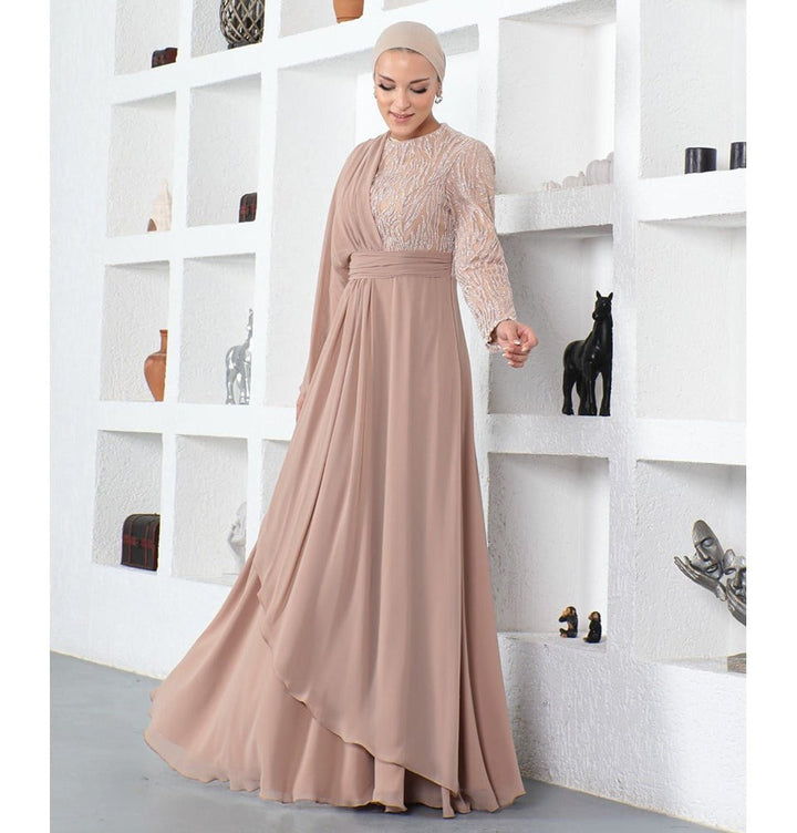 Modest Formal Cape Dress G569 - Tan Modest Formal Cape Dress G569 - Tan