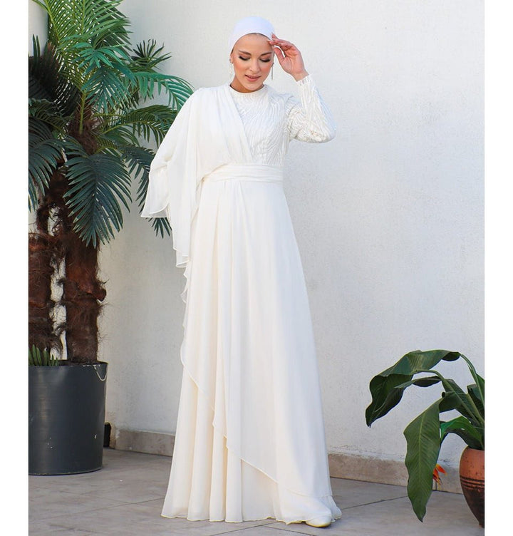 fitted lace wedding dress Boho Sleeved Flowy Lace Chiffon Wedding Dress