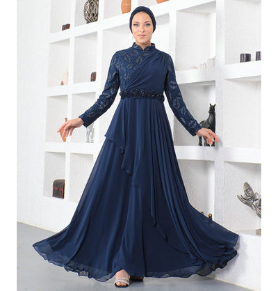 Modefa Modest Formal Rose Dress G584 - Navy Blue